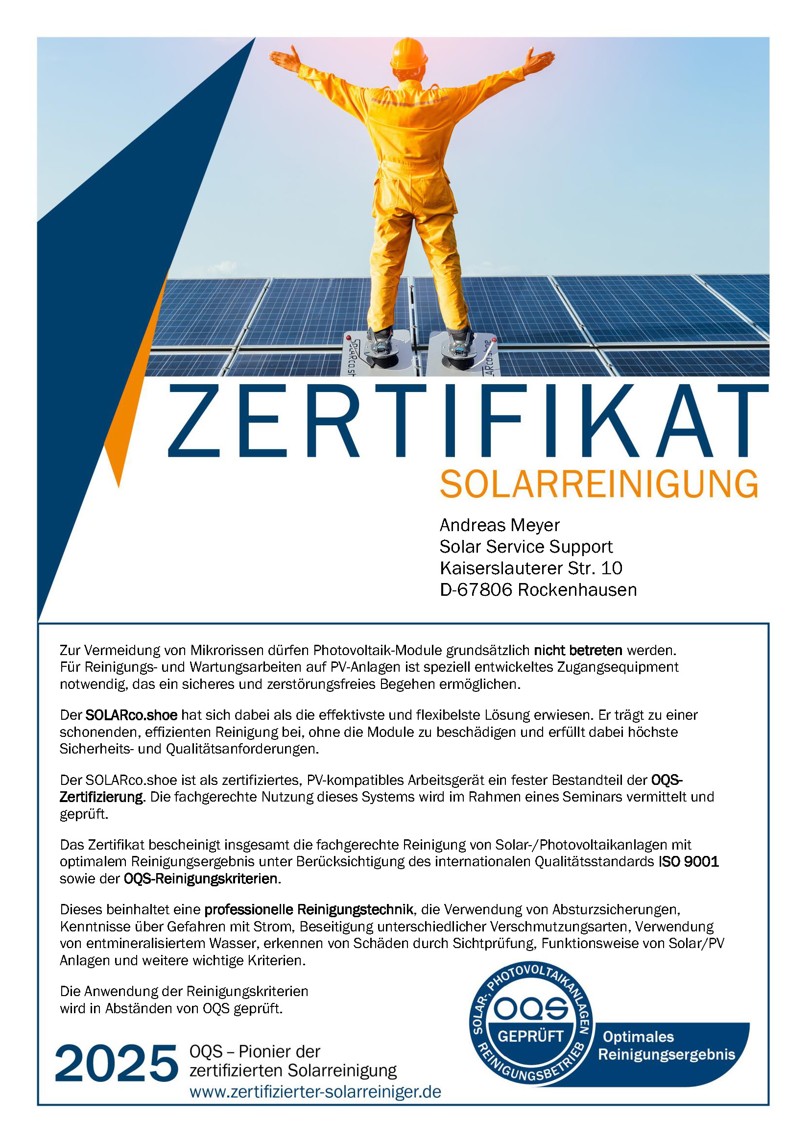 Zertifikat_A4_Solar 2025 mit Schuh OQS Logo